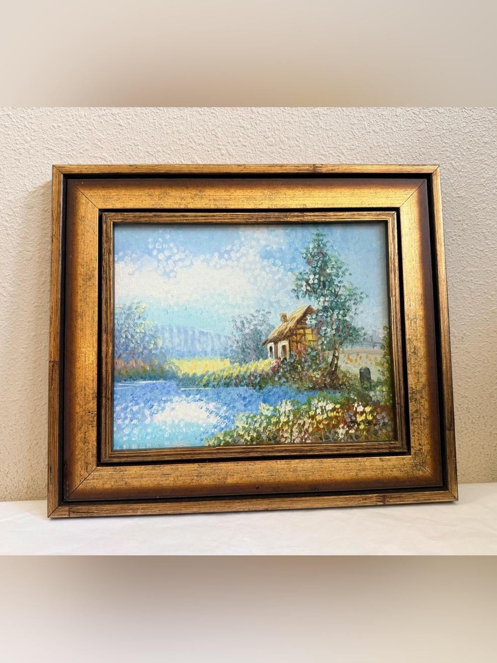 VTG Original Oil Painting Cottage Landscape Signed Du Bois Framed Lake Scene